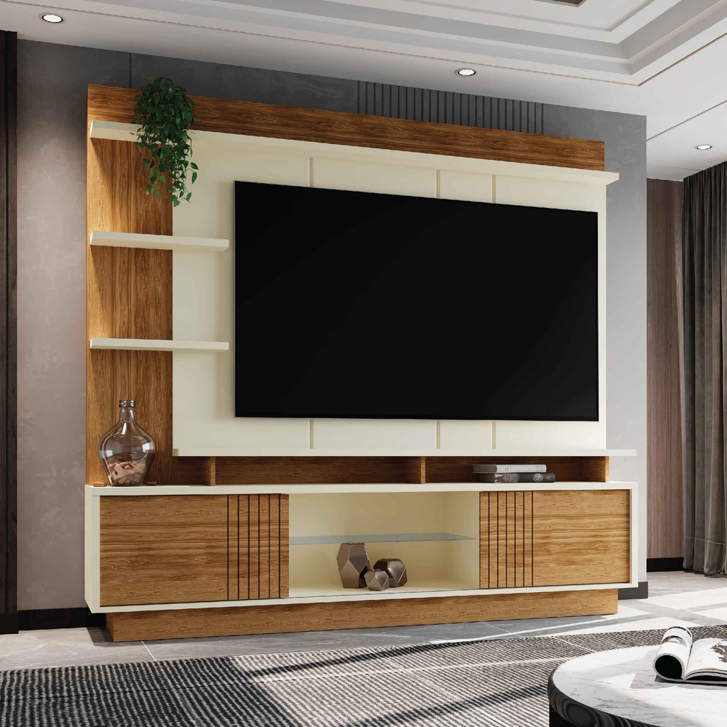 CENTRO DE ENTRETENIMIENTO HOME VINHEDOS# 2001159# 200X184X36CM# COLOR 781 OFF WHITE/AMENDOA 2PUERTAS