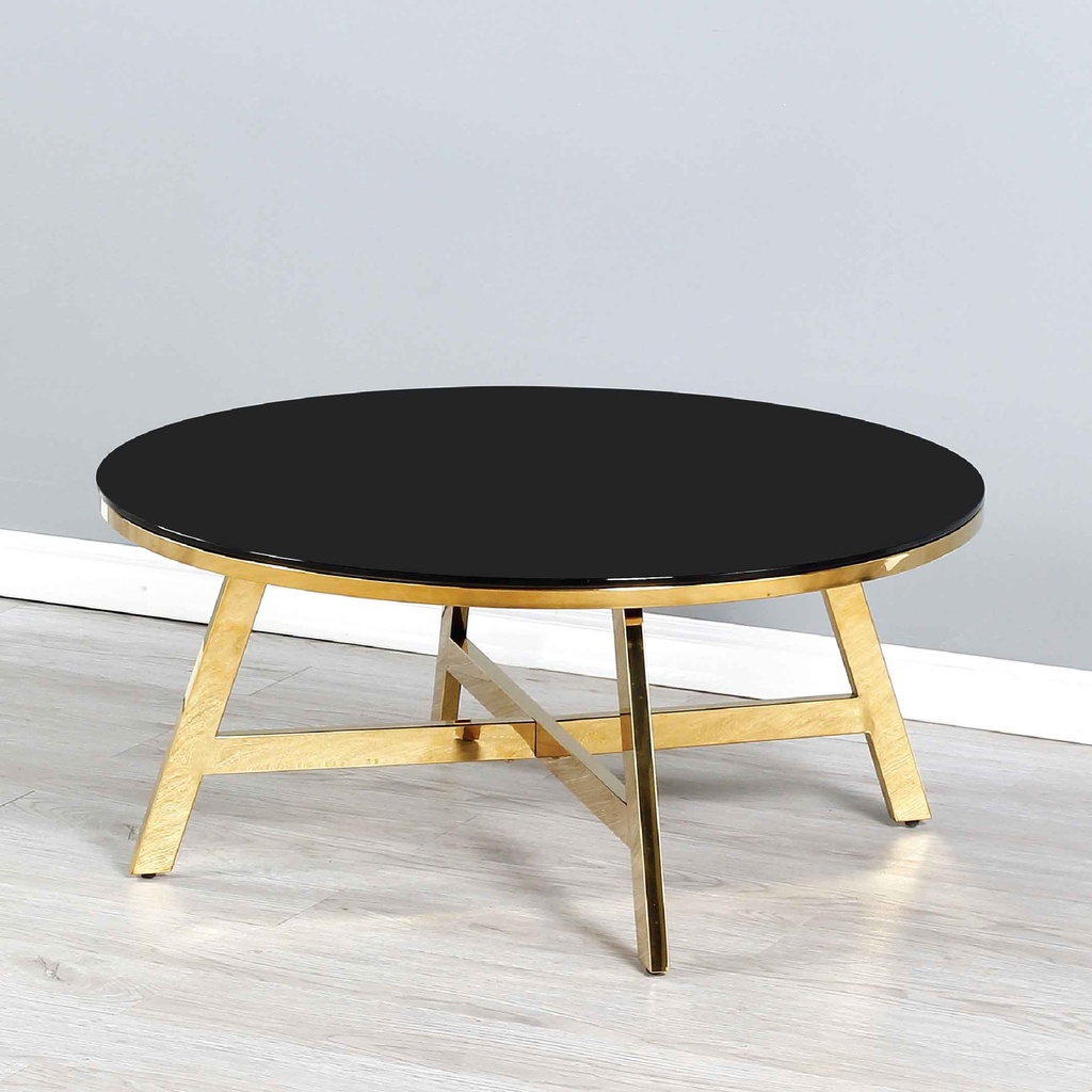 MESITA DE CENTRO VIDRIO REDON ECT-095-R-TG# COFFEE TABLE 90X90X40CM INOXIDABLE NEGRO/DORADO
