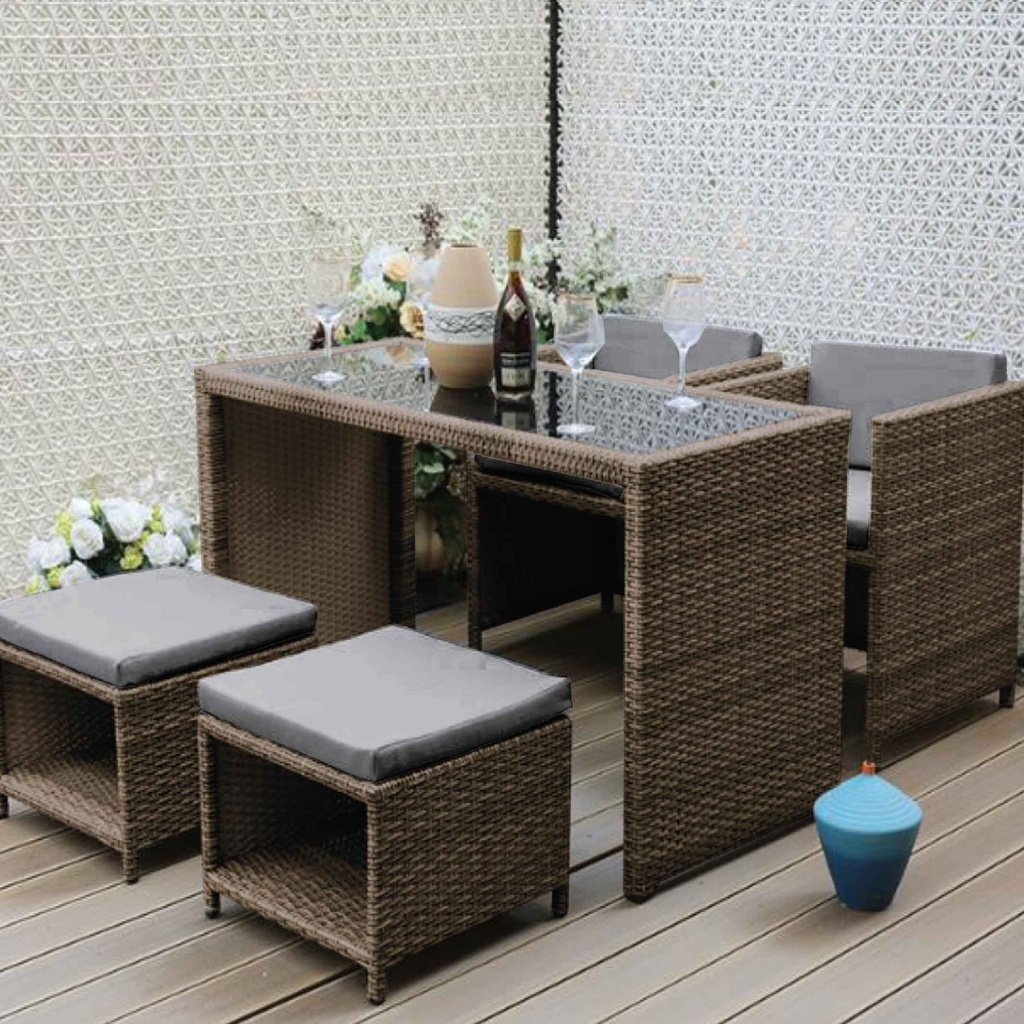 MIMBRE MESA HBT-00072# ARIES# 2SILLAS C/BRAZO+MESA+2 BANQUILLOS GRIS