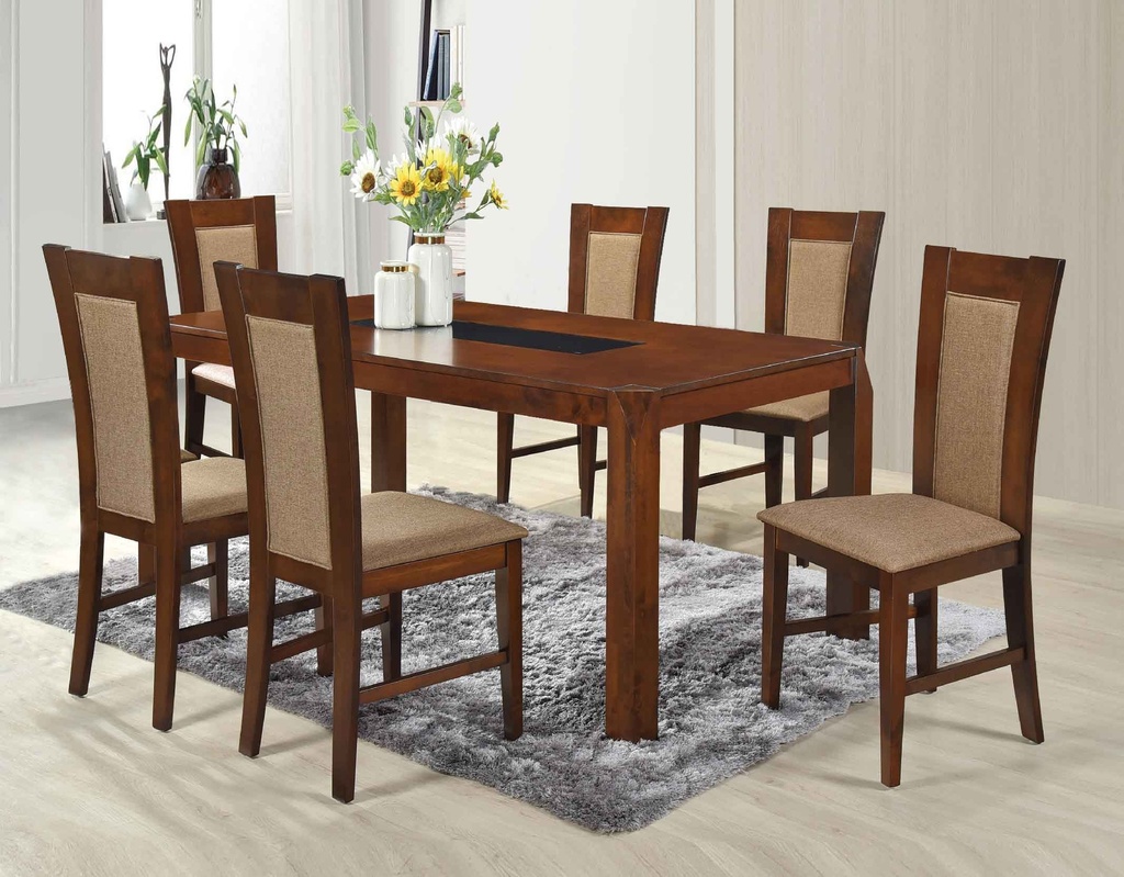 COMEDOR RECT AC4205T-006# 180X90CM +6 SILLAS AC4206SC# PAGOR OAK TELA BZ-1# DARK BROWN