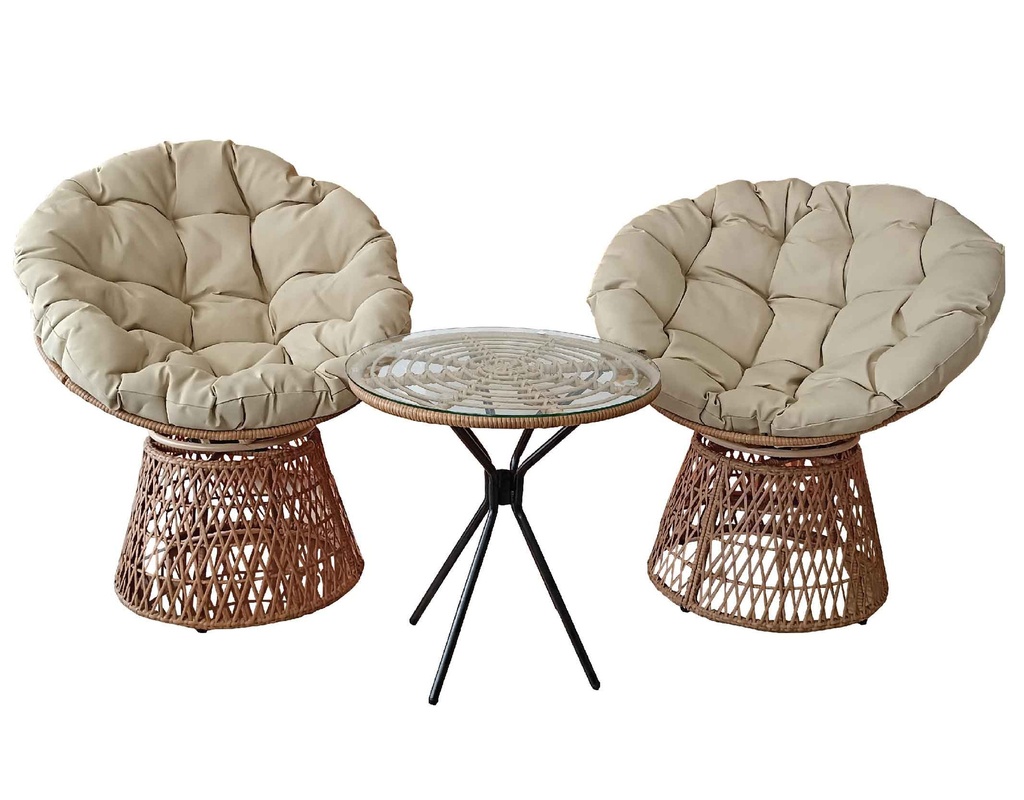 MIMBRE MESA T-476# REDON 60CM VIDRIO C/2SILLA Y-476B# C/ COJIN CREMA