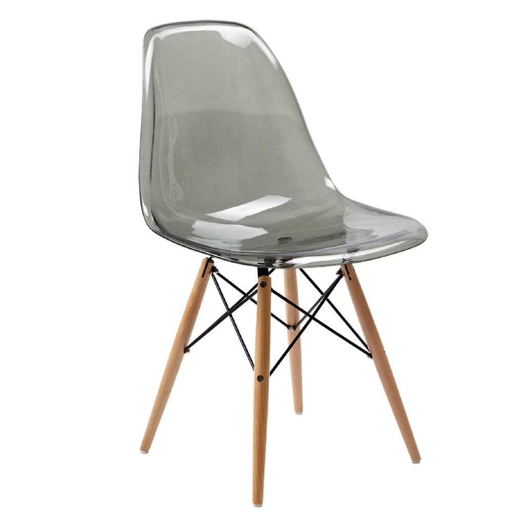 SILLA PLASTICA 130-DPC# ASIENTO TRANSPARENTE GRIS/SMOKE C/PATAS NATURAL MADERA