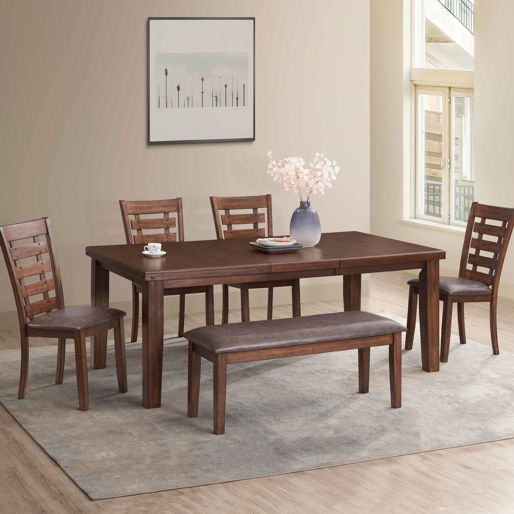 COMEDOR RECT BE2859T-D# EXPANDIBLE C/4SILLAS BE1807C-D# +BANCA BE4655B-D# TELA  CHOCOLATE # CHARCOAL MINDY (BE901)#