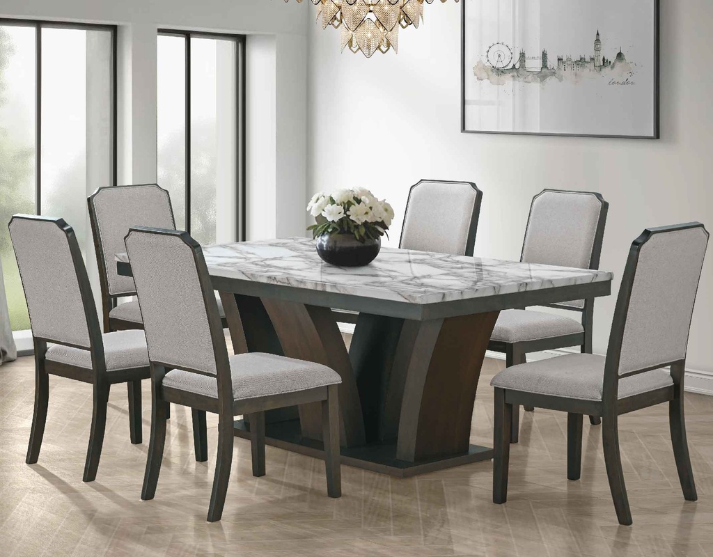 COMEDOR RECT KF3243DT# SOBRE MDF IMITACION MARMOL# 200X100X77CM +6 SILLAS TELA KF8185# DARK WALNUT 23310