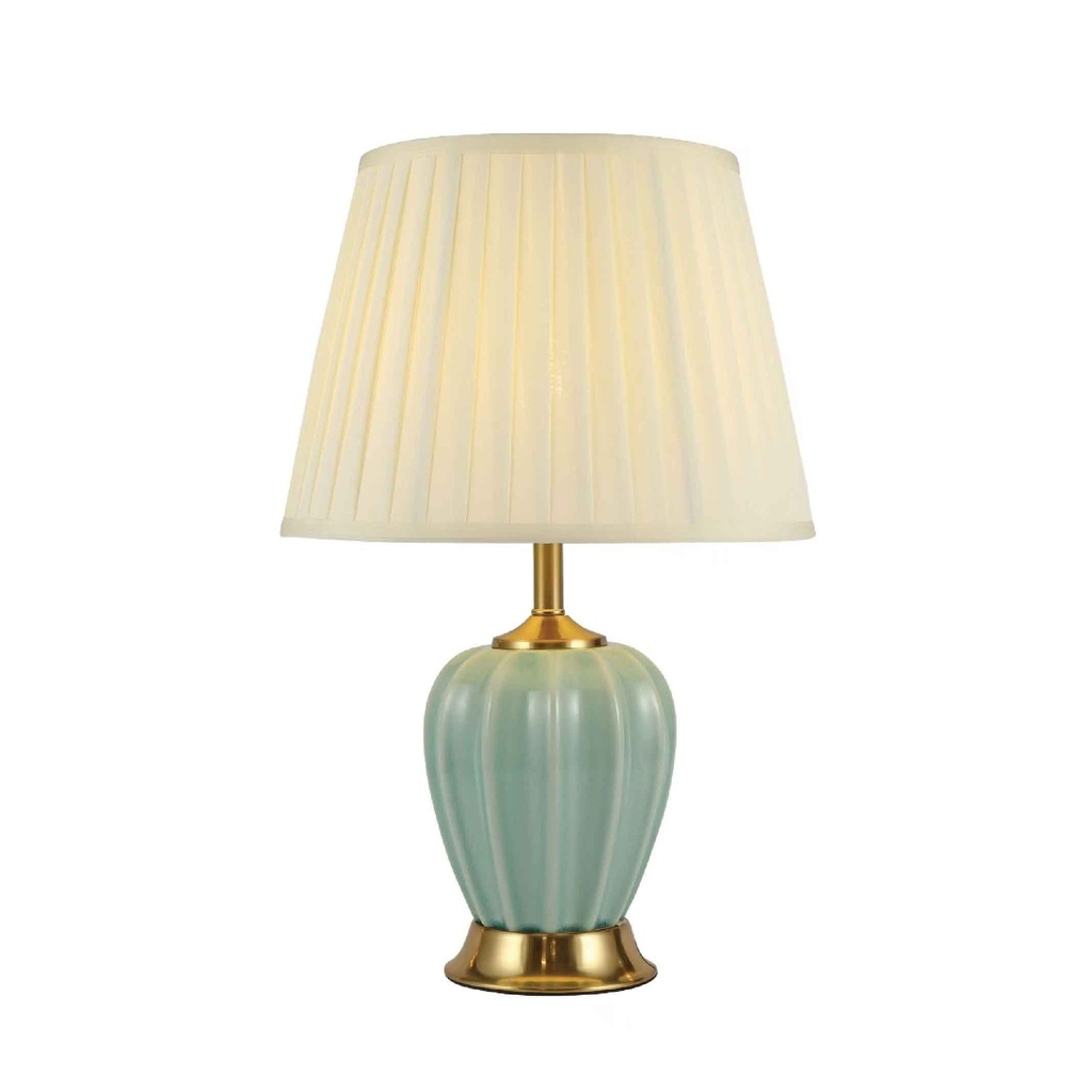 LAMPARA DE MESA 6302# CERAMICA GREEN METAL+DORADO PANTALLA+CREMA ROSCA