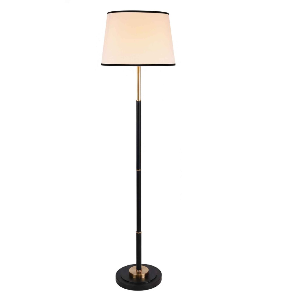 LAMPARA DE PISO F9727# BASE MARMOLINA METAL DORADO+NEGRO PANTALLA BLANCO LINEA NEGRA ROSCA 2CJ