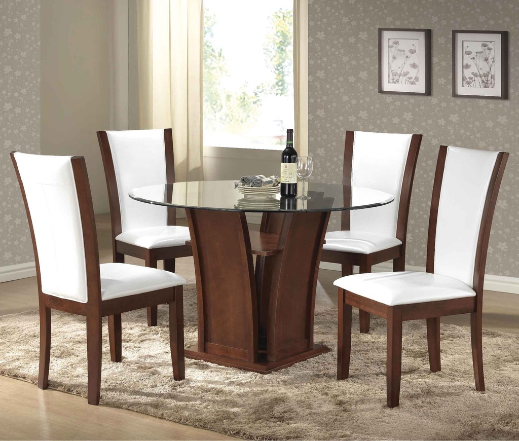 COMEDOR VIDRIO TS ORLANDO# REDON C/4 SILLAS BLANCAS 120CM