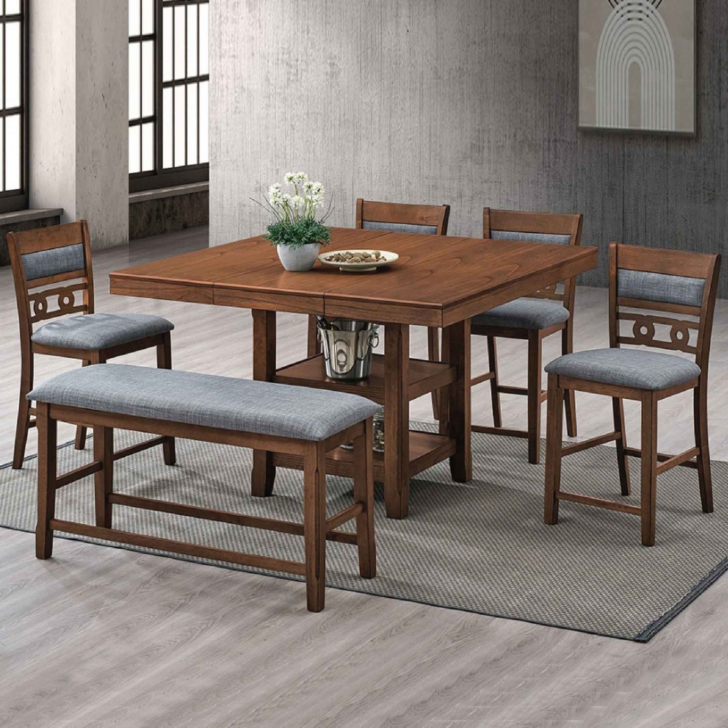 COMEDOR ALTO CUADRADO BE2945T-CH# EXPANDIBLE C/4SILLAS BE1900C-CH# +BANCA BE4907B-CH# H1106# TELA GRIS COLOR WALNUT BE501#	