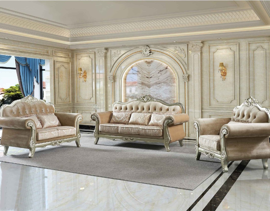 SOFA TELA B2319# 1+2+3  MARCO MADERA  TELA COLOR DORADO CHAMPAÑA