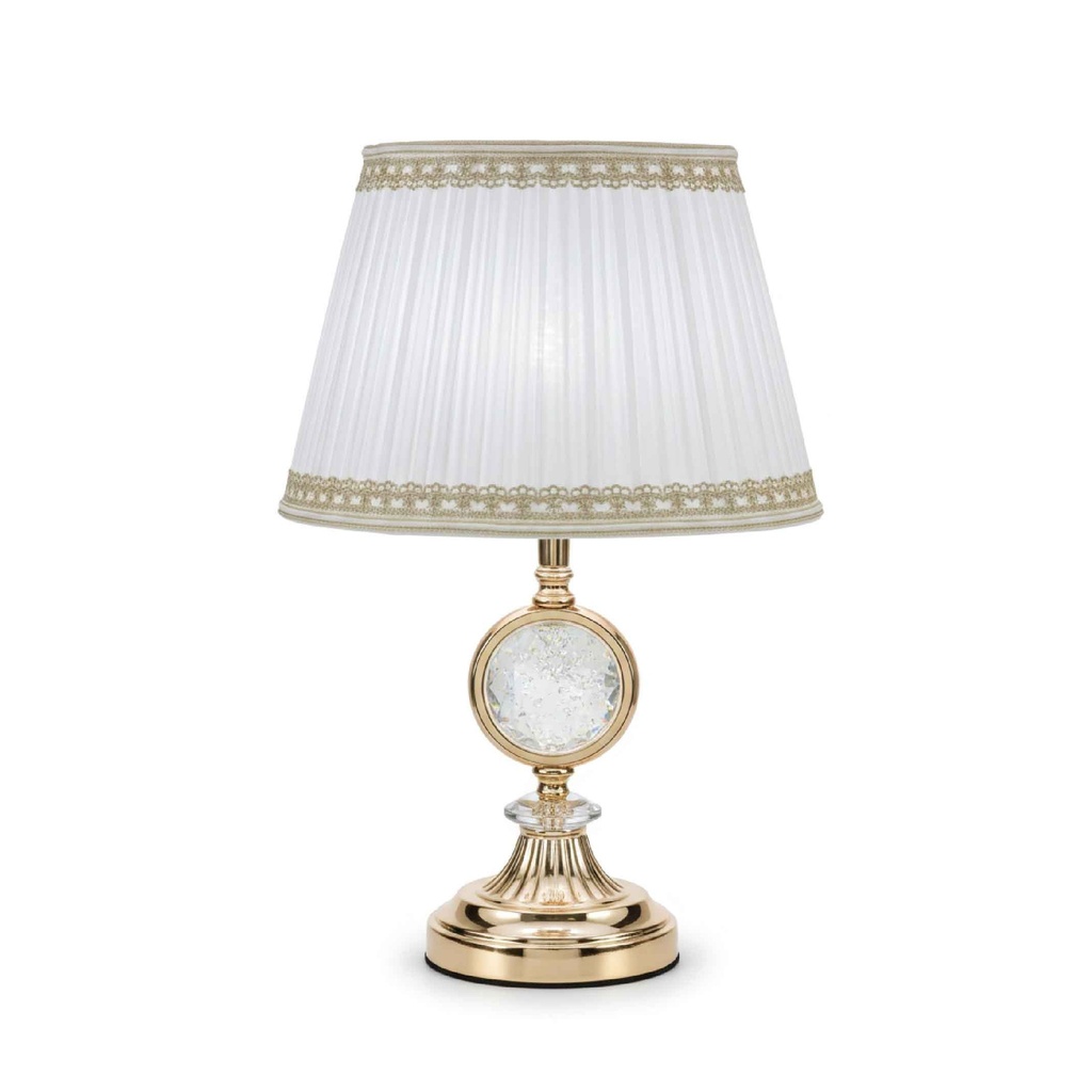 LAMPARA DE MESA T9318# METAL CRISTAL PANTALLA BLANCO LINEA DORADA 2CJ