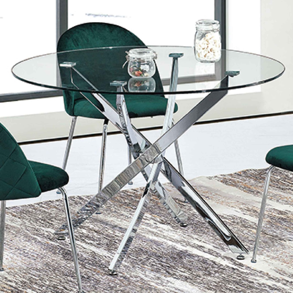 MESA COMEDOR VIDRIO DT7003# REDONDA 120X75CM BASE METAL 2CJ