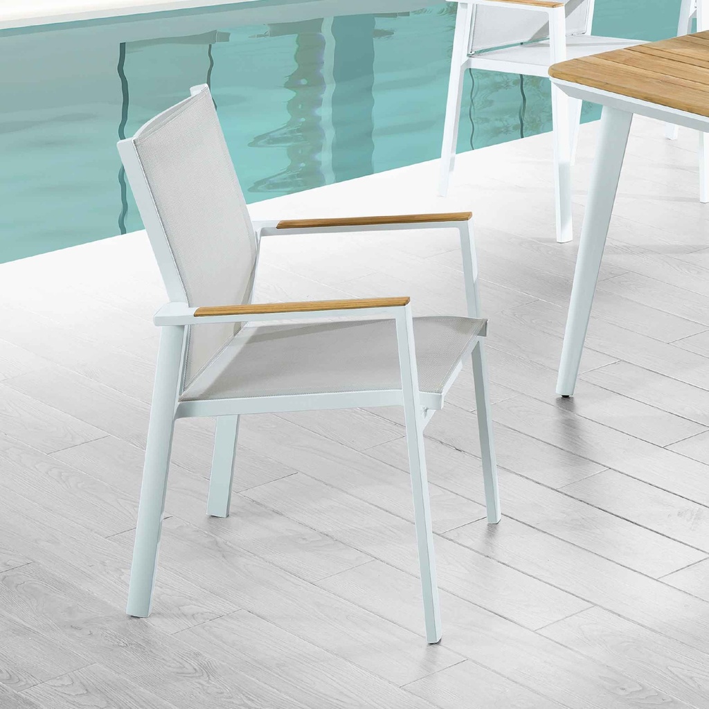 SILLA ALU RY-8092S# RESP/MALLA C/ BASE BLANCO C/ POLYWOOD EN BRAZO