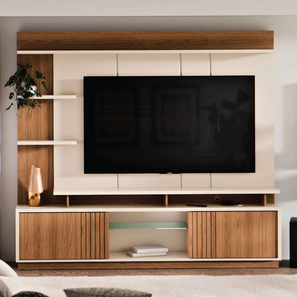 CENTRO DE ENTRETENIMIENTO HOME VINHEDOS# 2001159# TV MAX 65" 200X36X184CM 781# OFF WHITE/AMENDOA 2PUERTAS# 3 CJ