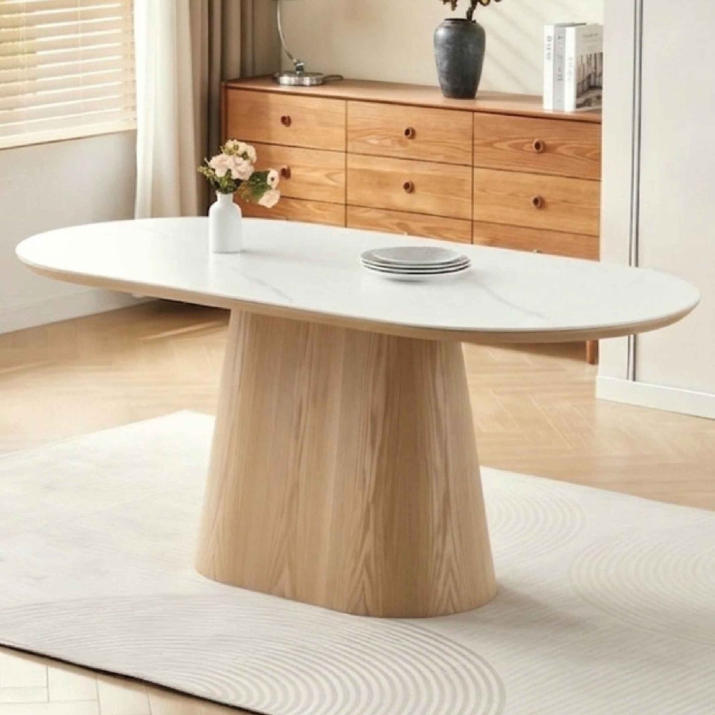 MESA DE COMEDOR OVALADA DT890F# SNOW WHITE# 1800X900X760CM PIEDRA SINTERIZADA BASE MADERA# 2CJ
