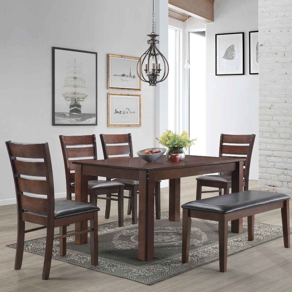 COMEDOR RECT KF3107DT# 160X90CM +4 SILLAS VINIL KF4210-1# +BANCA KF7013# LIGHT BROWN  4CJ