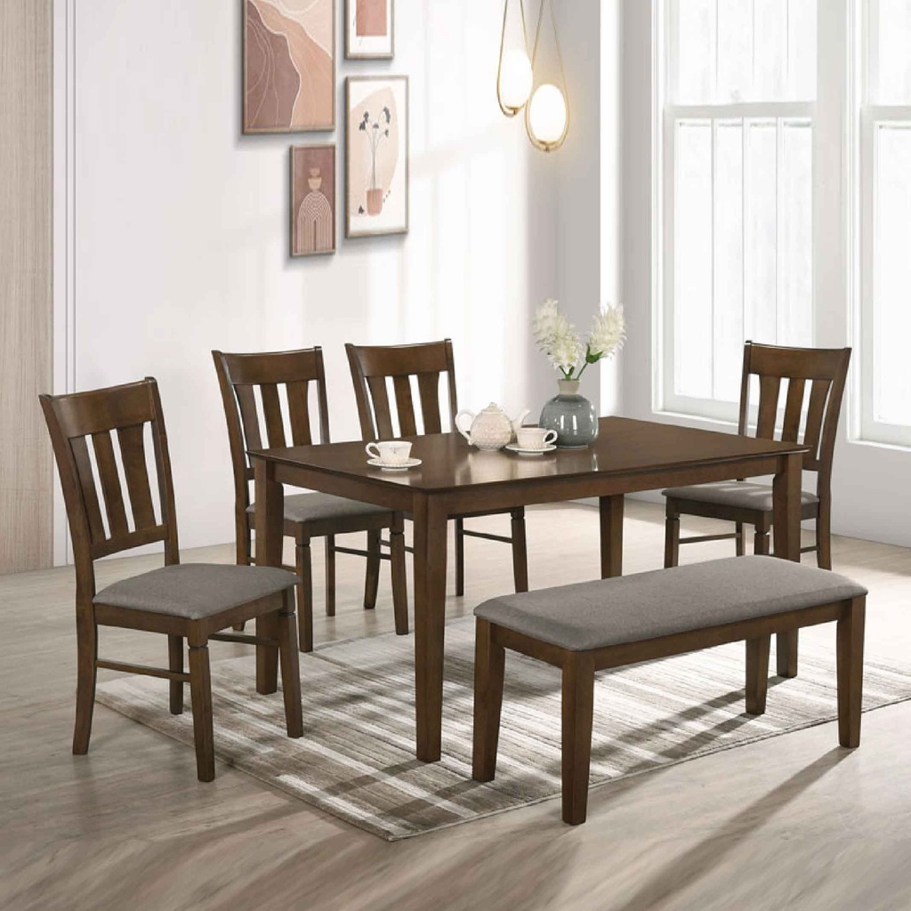 COMEDOR RECT KF3001-2DT# 150X90CM +4SILLAS TELA KF4458 # +BANCA KF7013# WENGUE 4CJ