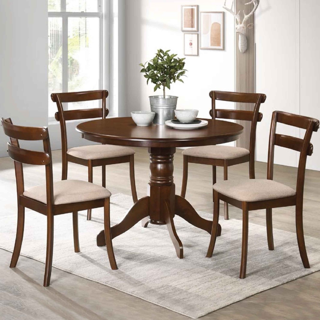 COMEDOR REDON KF3033DT# 106X106CM +4 SILLAS TELA KF8016# BEIGE WALNUT 83296 4CJ