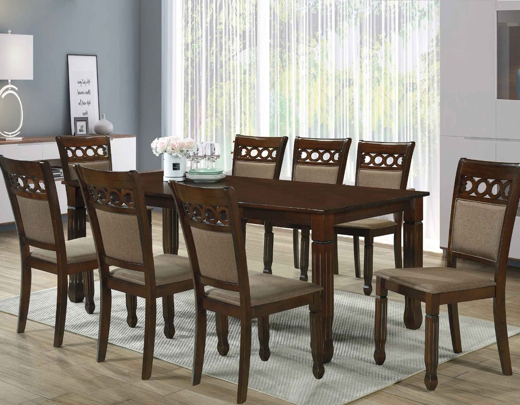 COMEDOR RECT AC4222T-001# 180X90CM +8 SILLAS AC4222SC-003# AC DARK OAK TELA 11808-3A# 5CJ