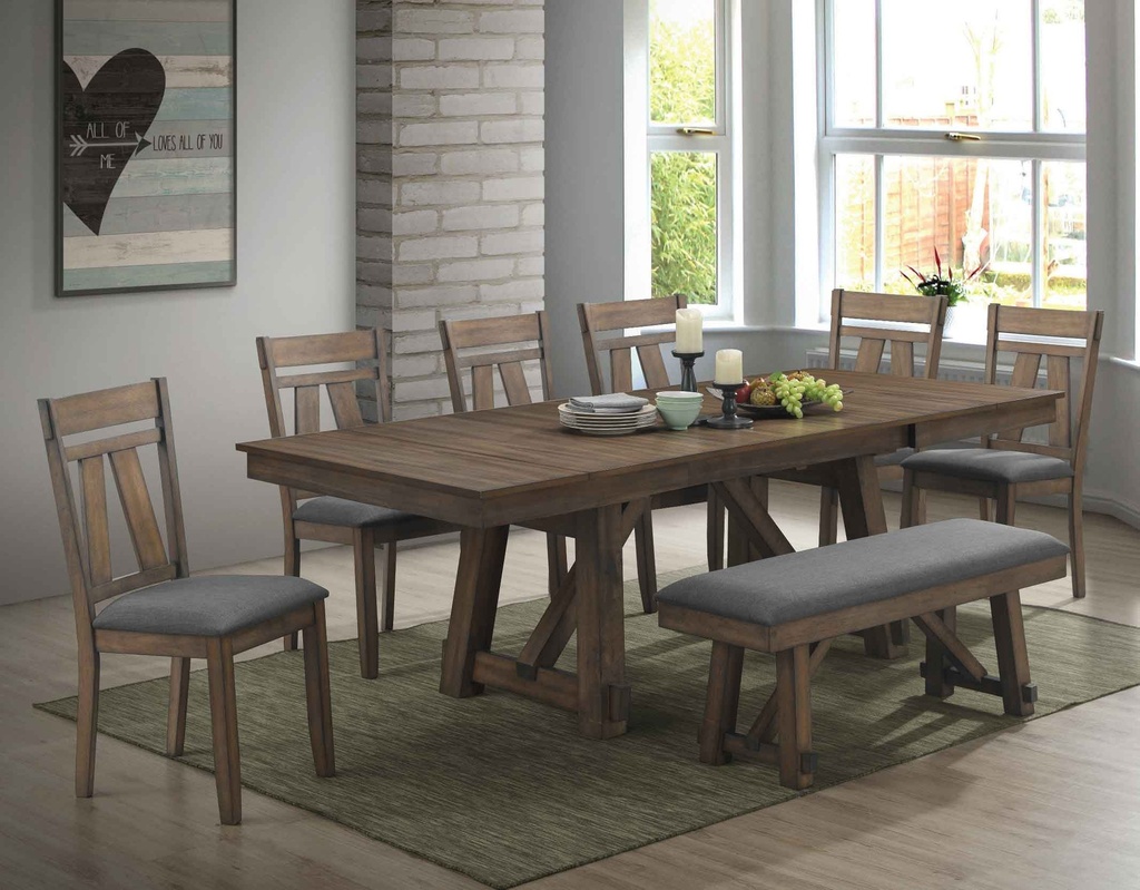 COMEDOR RECT BE2850T-D# EXPANDIBLE C/6SILLAS BE1850C-D# +BANCA BE4851B-D# TELA LU165-32#  RUSTIC MINDI#  7CJ