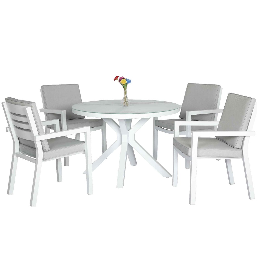JUEGO DE TERRAZA MESA GT-12566A-AAG#+4 SILLAS GC-11156A-AAP BASE ALUMINIO BLANCA COJINES GRIS 2CJ