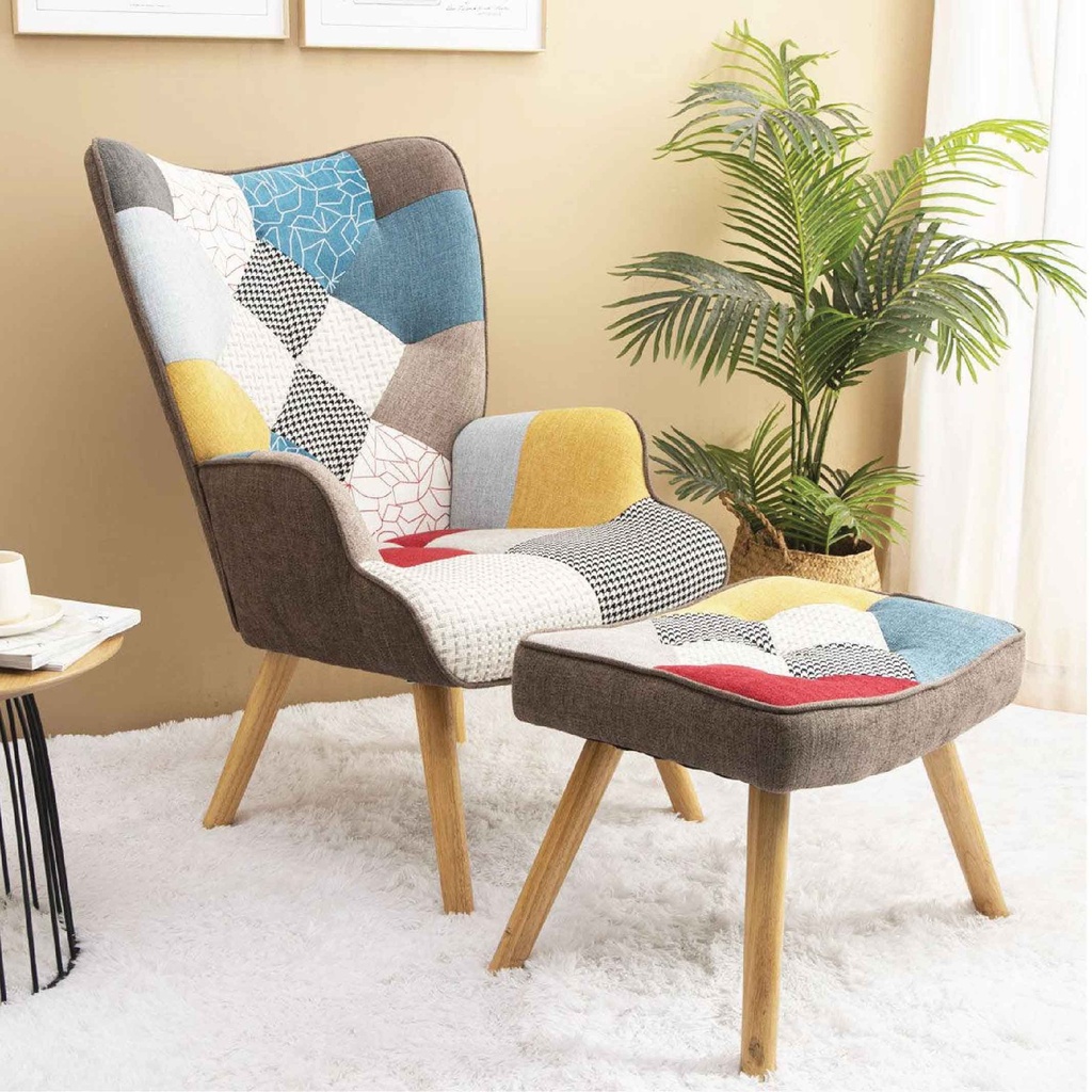 SILLA POLTRONA AR/QH-8901PK# TELA MULTICOLOR CON PIECERO Y PATAS NATURAL MADERA