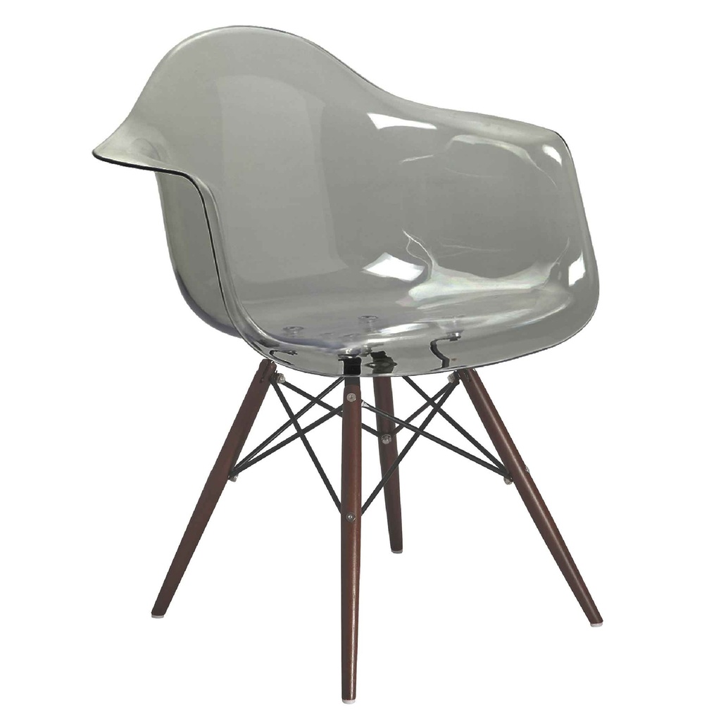 SILLA PLASTICA 132-DPC# ASIENTO TRANSPARENTE GRIS/SMOKE C/PATAS CHOCOLATES MADERA