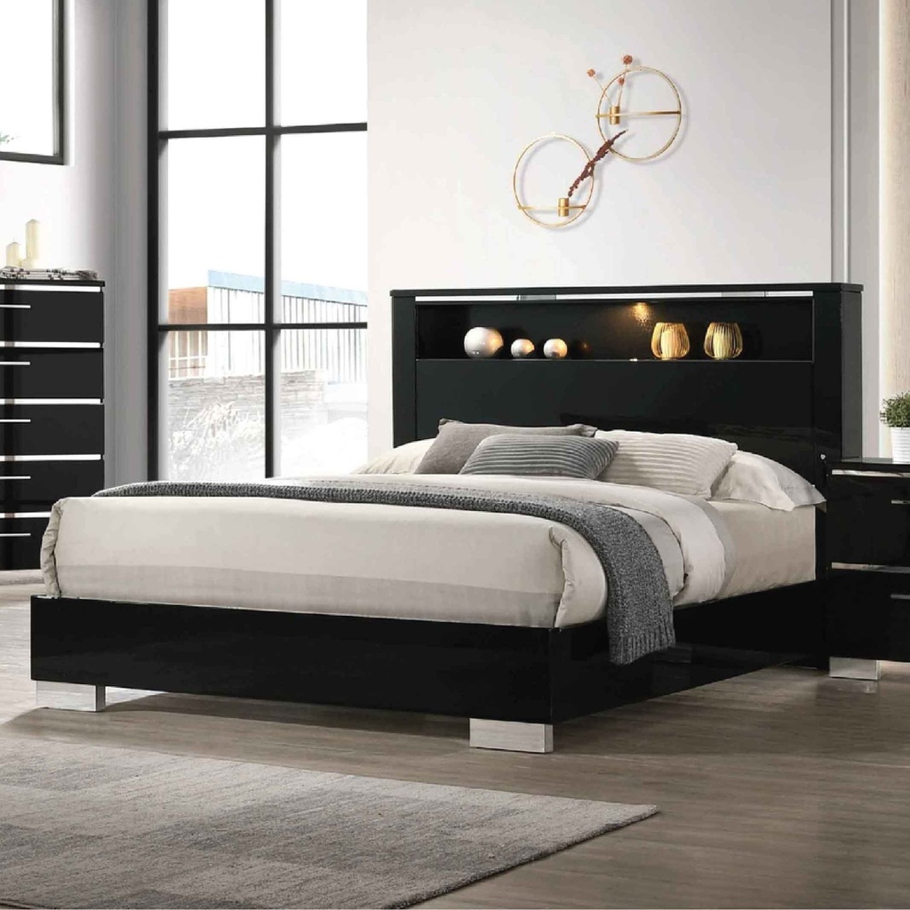 CAMA QUEEN 1.53X2.03M FBQHBR-0217B# +SOMIER 24.5CM NEGRO CON LUZ LED