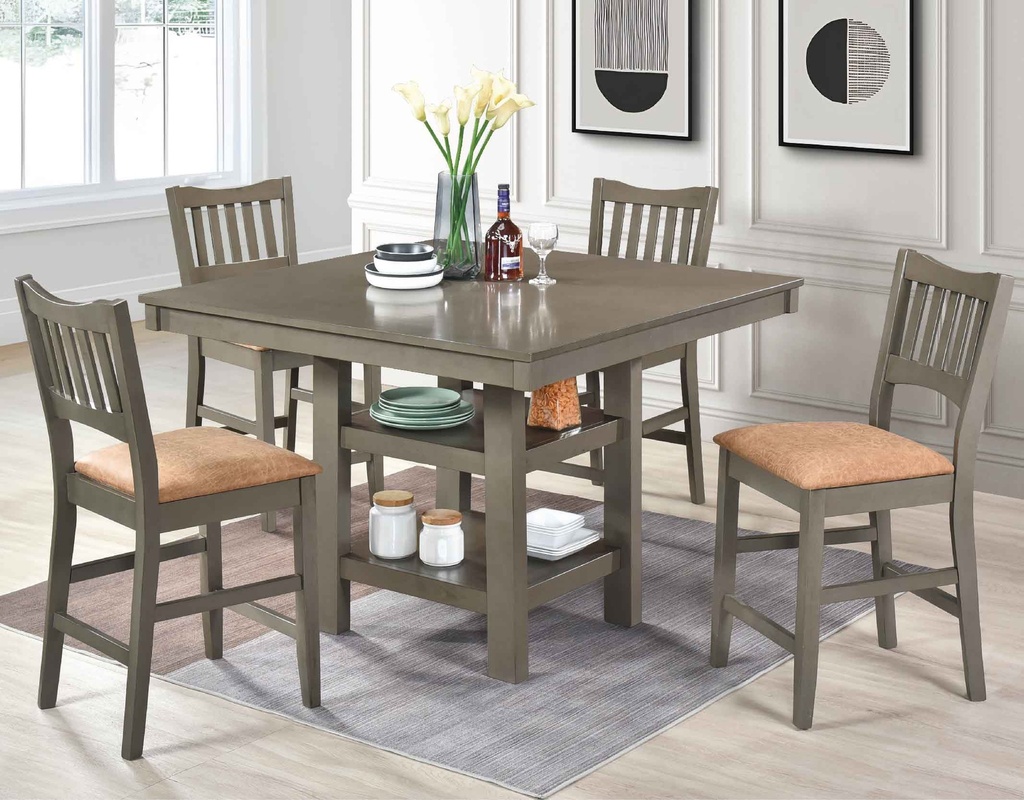 COMEDOR ALTO CUADRADO AC3442T# 122CM +4 SILLAS AC3442PC24# TELA  PALACET/K CHESTNUT# ANNA GREY  CL617#