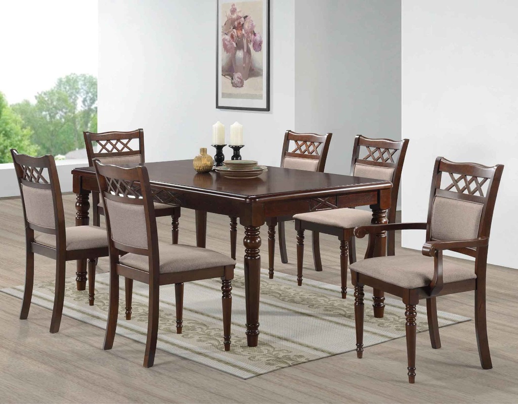 COMEDOR RECT AC4144T-001# 180X102X76CM+2 SILLAS C/BRAZO AC4144AC#+4SILLAS SIN BRAZO AC4144SC# TELA FS131-5# LIGHT BROWN