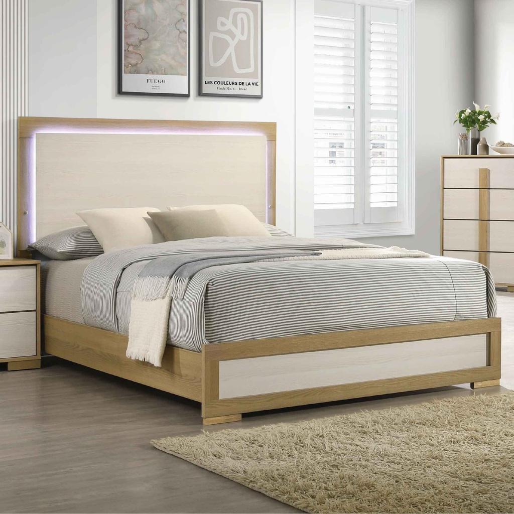 CAMA QUEEN 1.53X2.03M FBQHFR-0407B# MCGUINNES#COLOR PU 9049-15+MB 3D#SOMIER 24CM BLANCA CON LUZ LED