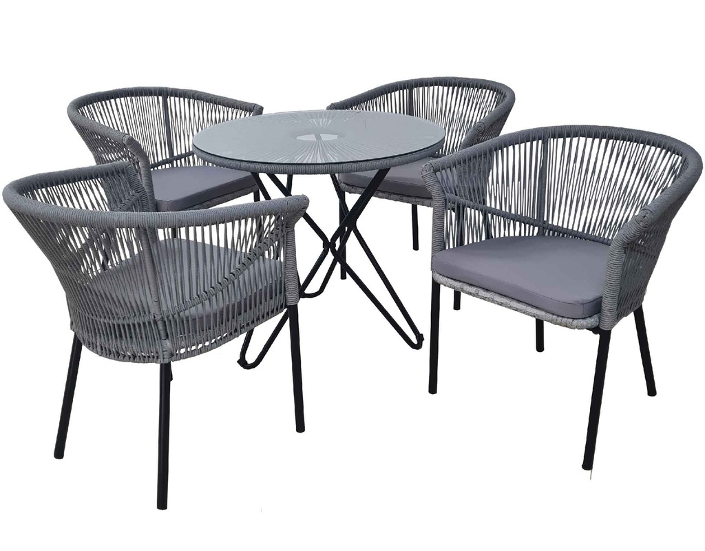 MIMBRE MESA T-489B# REDON 80CM VIDRIO C/4 SILLA Y-516# CON COJIN GRIS