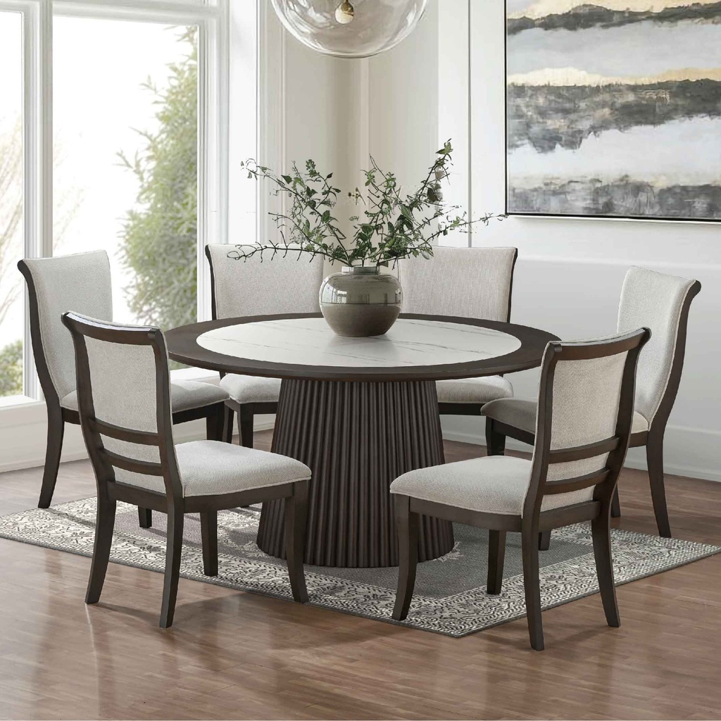 COMEDOR REDON KF3262DT# SOBRE MDF IMITACION MARMOL# 150X150CM +6 SILLAS TELA KF8254# DARK WALNUT 23308