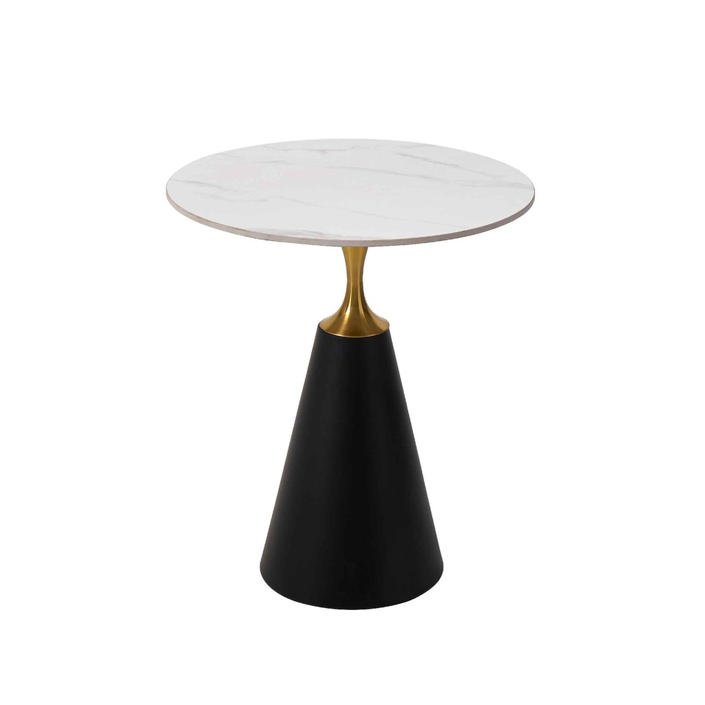 MESITA ESQUINERA T49-W# REDONDA PIEDRA SINTERIZADA SNOW 60X68CM# BASE METAL NEGRA 2CJ