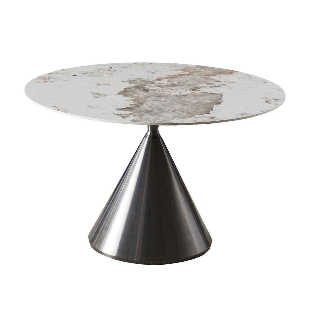 MESA COMEDOR DT245 CHANNEL# REDONDA PIEDRA SINTERIZADA WHITE SHINY# 120X75CM BASE METAL NEGRA 2CJ