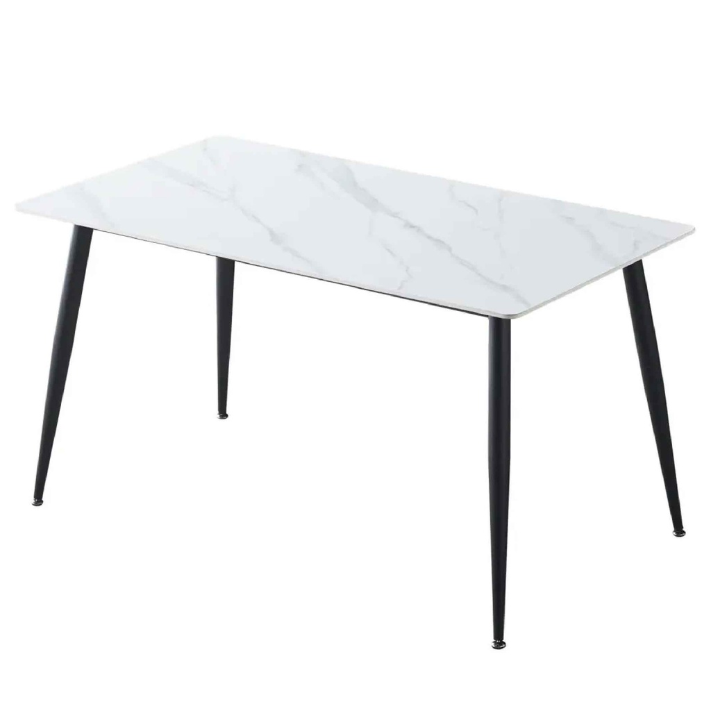 MESA DE COMEDOR RECT DT7056# SNOW WHITE# 140X80X75CM PIEDRA SINTERIZADA PATAS METAL NEGRA 2CJ