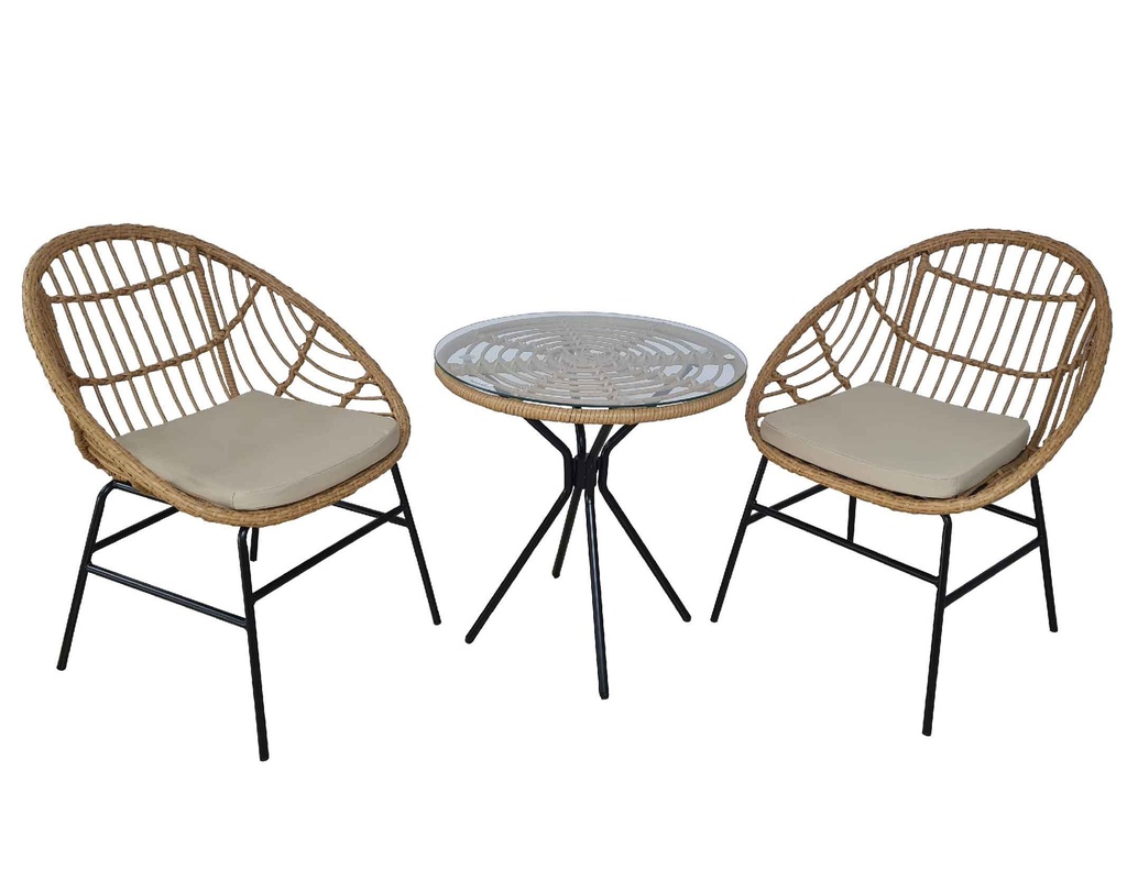 MIMBRE MESA T-476# REDON 60CM VIDRIO C/2SILLA Y-474# C/ COJIN CREMA