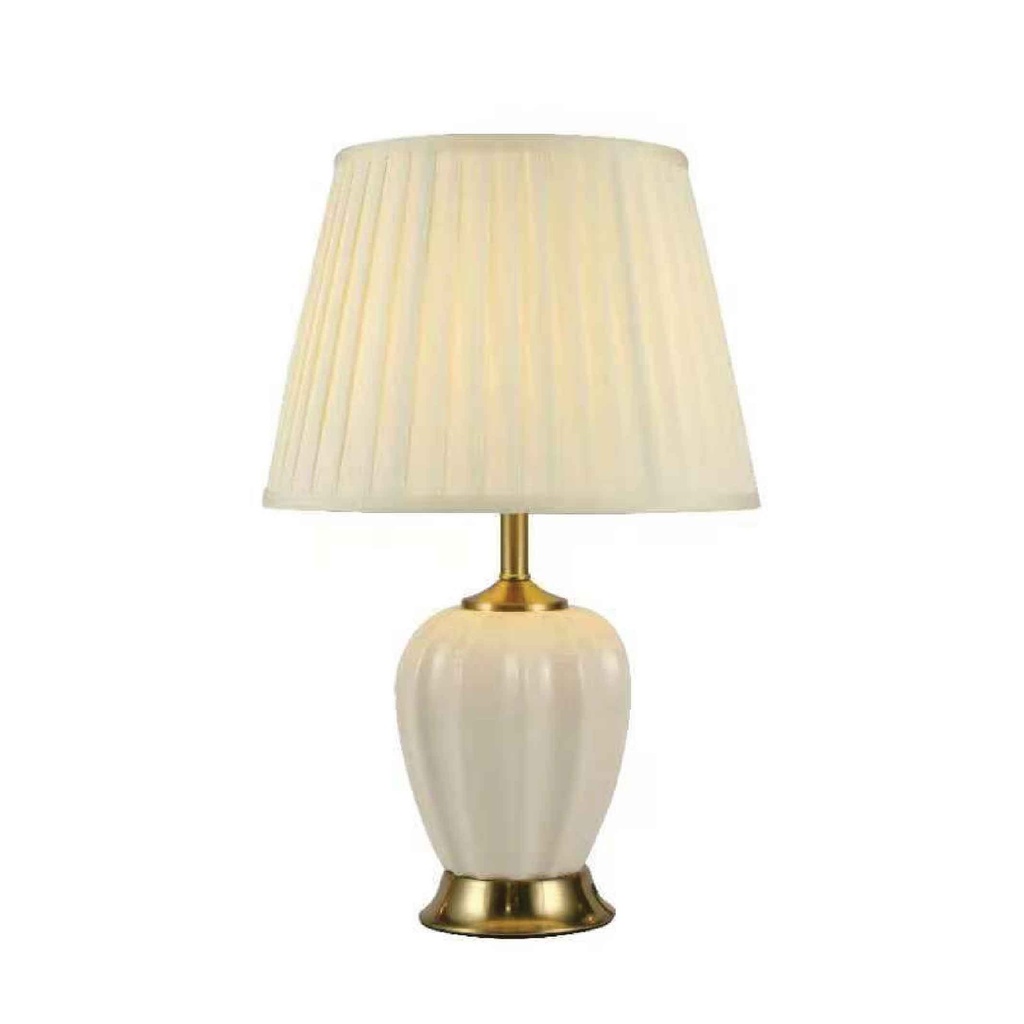 LAMPARA DE MESA 6302# CERAMICA BEIGE METAL+DORADO PANTALLA+CREMA ROSCA