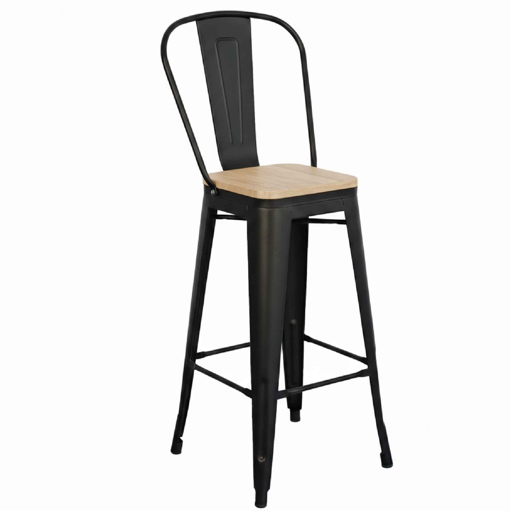 SILLA DE BAR ALTA ZS-T-630DBW# METAL CON RESPALDAR ALTO ASIENTO MADERA 43X43X116CM