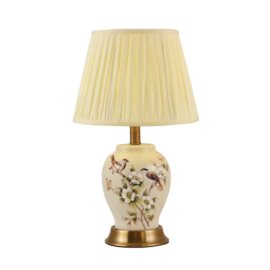 LAMPARA DE MESA 6323# CERAMICA CREMA+FLOR METAL+DORADO PANTALLA+CREMA ROSCA 2CJ