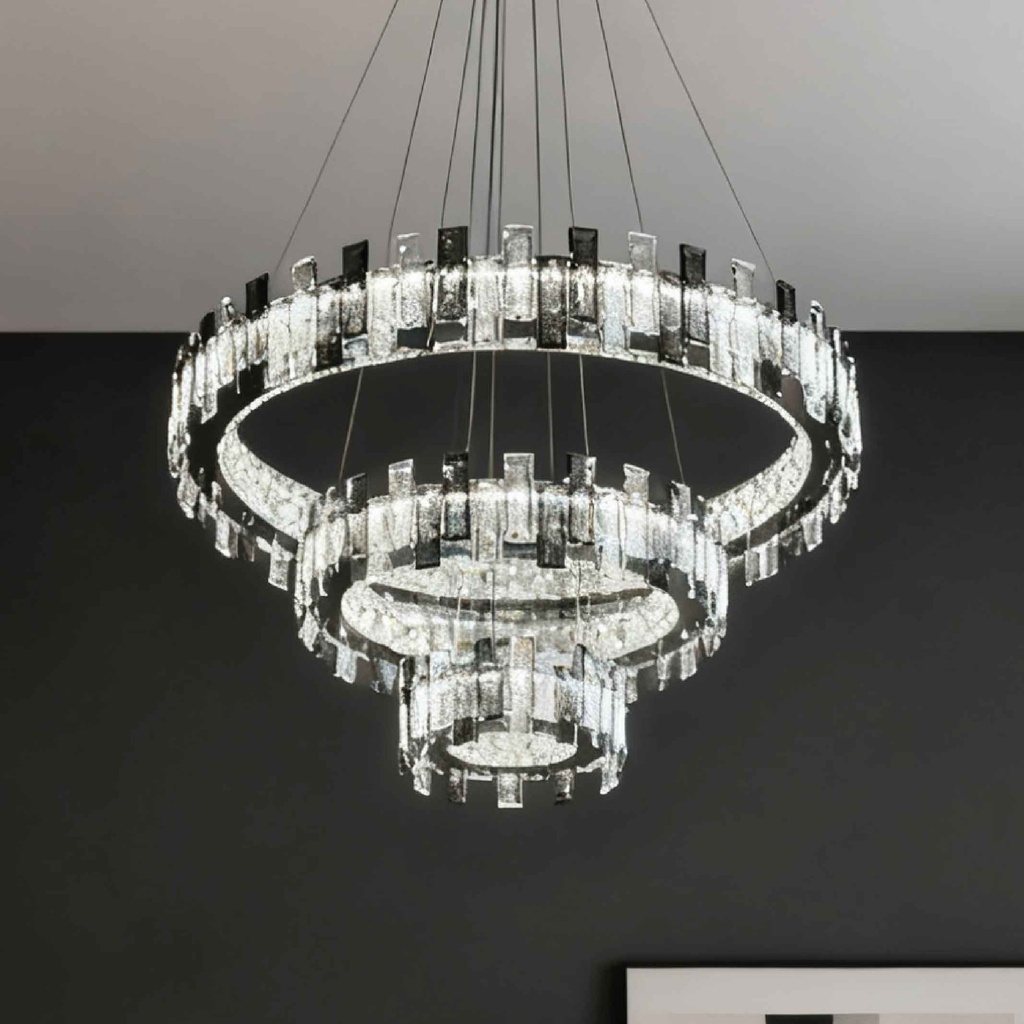 LAMPARA COLGANTE 50312/600+400+200# 600/400/200MM ACERO INOX. CRISTAL CONTROL REMOTO 216W