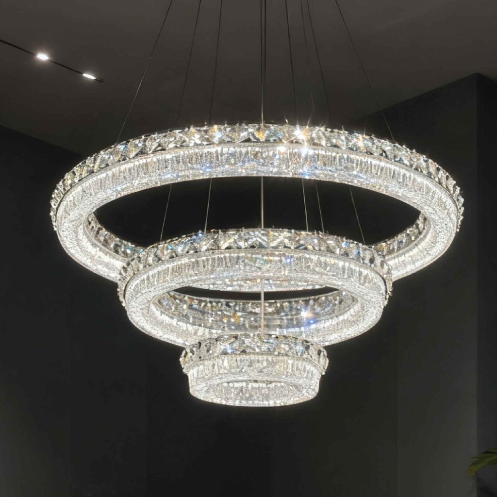 LAMPARA COLGANTE 50401/620+420+220# 620/420/220MM ACERO INOX. CRISTAL CONTROL REMOTO 240W LED