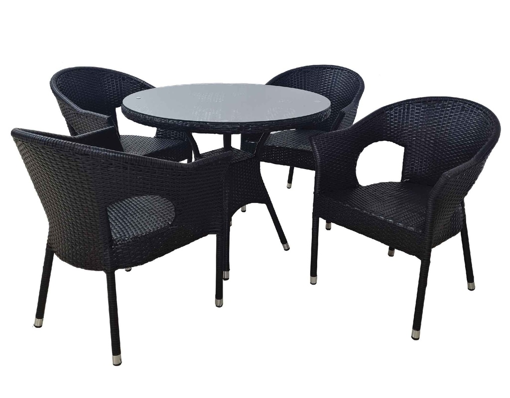 MIMBRE MESA T-97#REDON 90CM VIDRIO+4 SILLAS Y97#SIN COJIN 5PZ COLOR CHOCOLATE