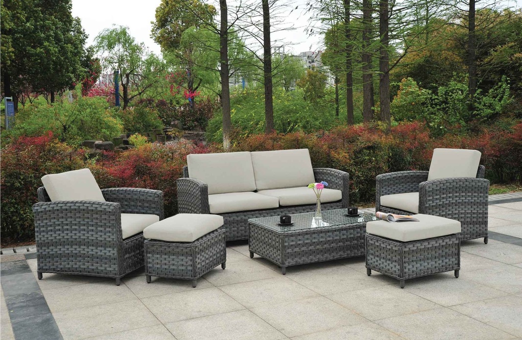 MIMBRE SOFA TH-300# GRIS 2+1+1+2PIECERO+MESITA BASE ALUMINIO