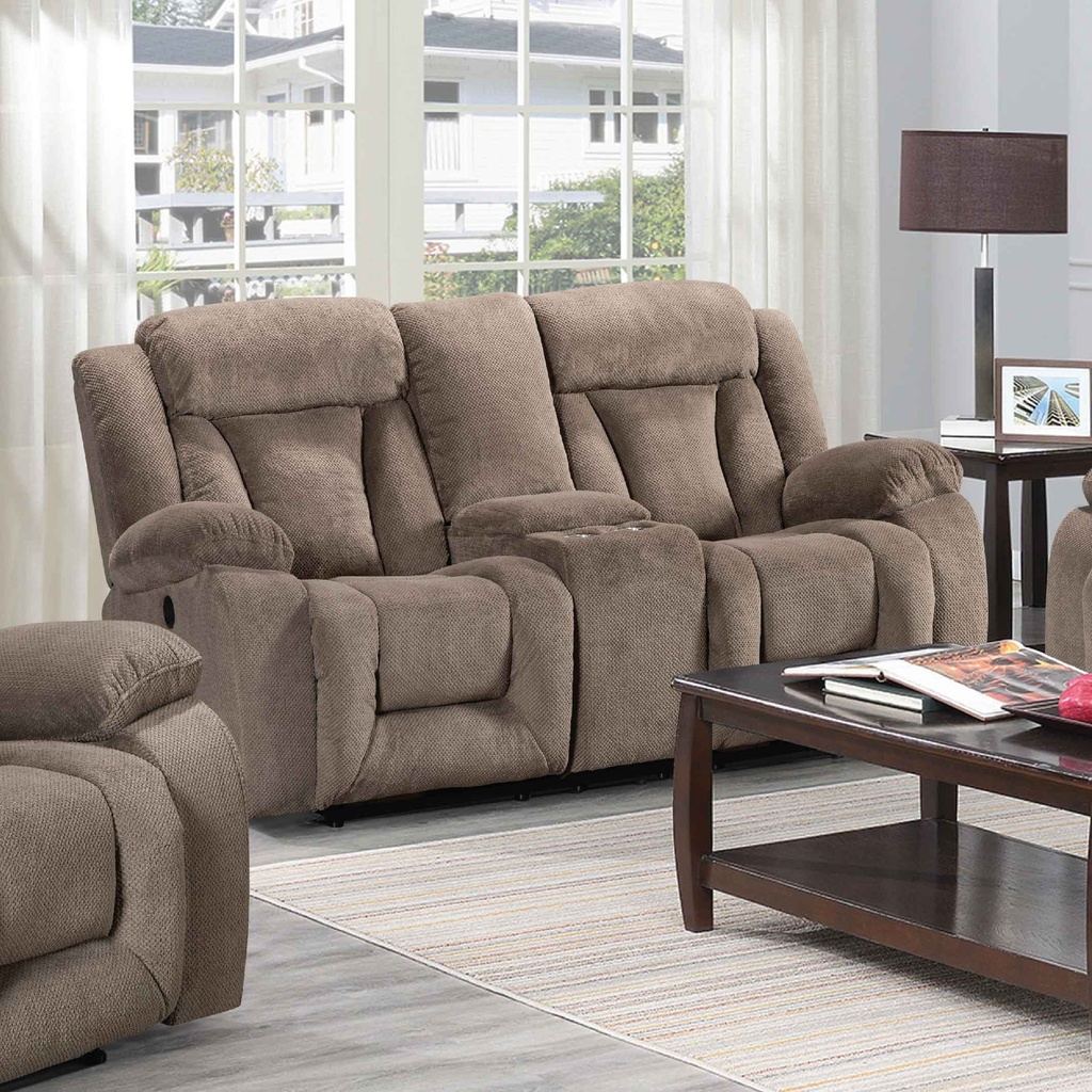 SOFA RECLINABLE TELA ELECTRICO CX003A-52D# POWER DM003# MOCHA 2PUESTOS CON PORTAVASOS