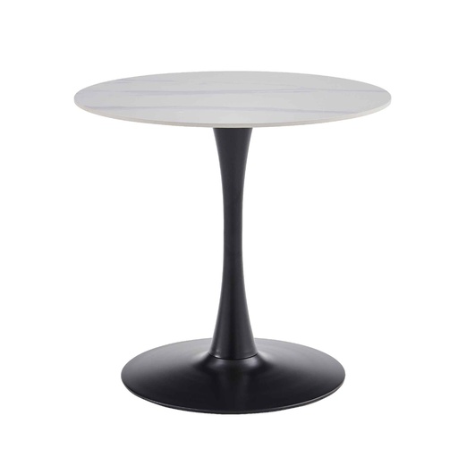 MESA COMEDOR REDONDA T12-W# PIEDRA SINTERIZADA SNOW WHITE 80X73CM C/BASE DE METAL NEGRA 1CJ