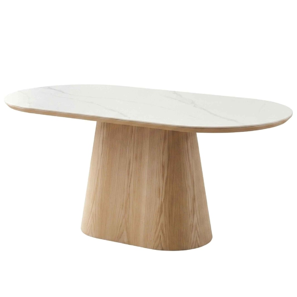 MESA DE COMEDOR OVALADA DT890F# SNOW WHITE# 180X90X76CM PIEDRA SINTERIZADA BASE MADERA# 2CJ